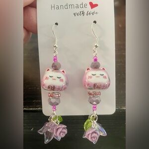 Lavender Lucky Cat Earrings with Floral Accents
